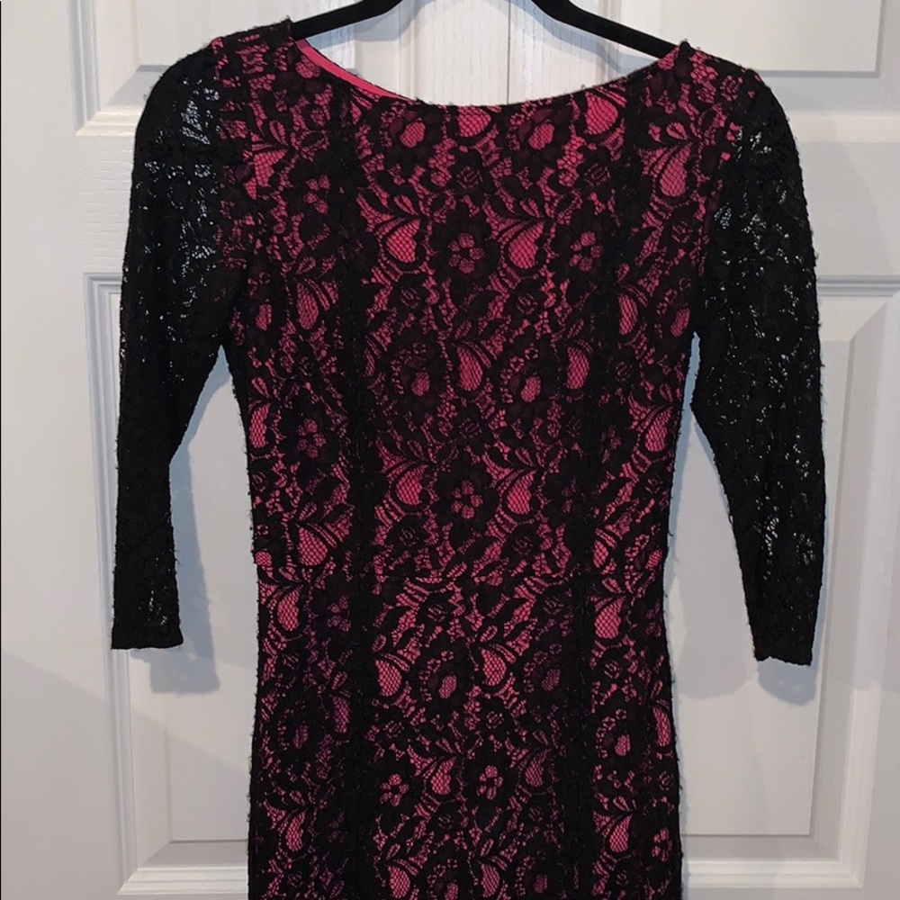 Erin lace overlay 3/4 sleeves cocktail short form fitting black classy dress